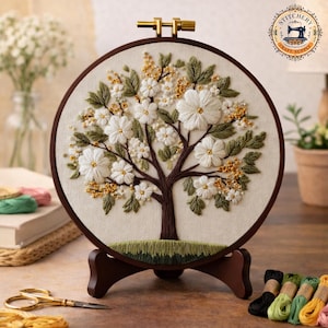 May include: An embroidered tree design in a wooden hoop. The tree features white flowers, green leaves, and brown branches, set against a cream-coloured background. The embroidery is displayed on a wooden stand, showcasing a handcrafted art piece.