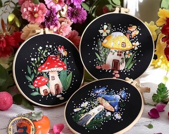Mushroom Embroidery Kit for Beginners, Cottagecore Forest Fungi Hoop Art, DIY Needlework Craft Kit, Gift for Her