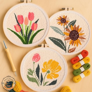 Tulip Punch Needle Kit for Beginners, DIY Floral Hoop Art with Yarn & Tools, Easy Needlecraft Gift, Handmade Home Decor, Sunflower and Poppy
