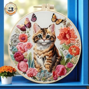 Floral Cat Embroidery Kit for Beginners, DIY Home Decor Cat and Butterfly Needlepoint Kit, Gift for Cat Lovers, Modern Hand Stitching Craft,