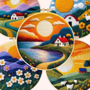 Scenery Needle Felting Kit for Beginners Wool Felting, Needlepoint Kit DIY Craft Kit Modern Landscape Pattern Felting Painting Wool Roving