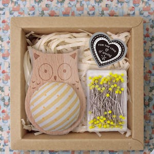 Wooden Animal Pincushion with Glass Head Pins, Cat, Rabbit, Bear, Fox or Owl in Plaid or Stripe, Pin Cushion Gift Box for Quilters Stripe Owl