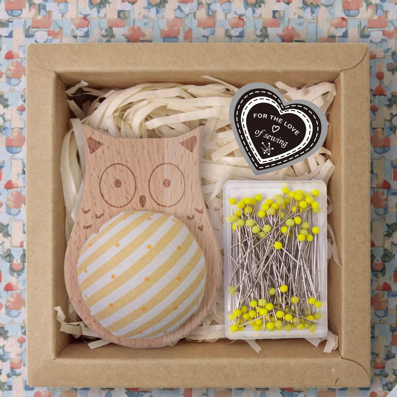 Wooden Animal Pincushion with Glass Head Pins, Cat, Rabbit, Bear, Fox or Owl in Plaid or Stripe, Pin Cushion Gift Box for Quilters Stripe Owl