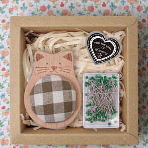 Wooden Animal Pincushion with Glass Head Pins, Cat, Rabbit, Bear, Fox or Owl in Plaid or Stripe, Pin Cushion Gift Box for Quilters Plaid Cat