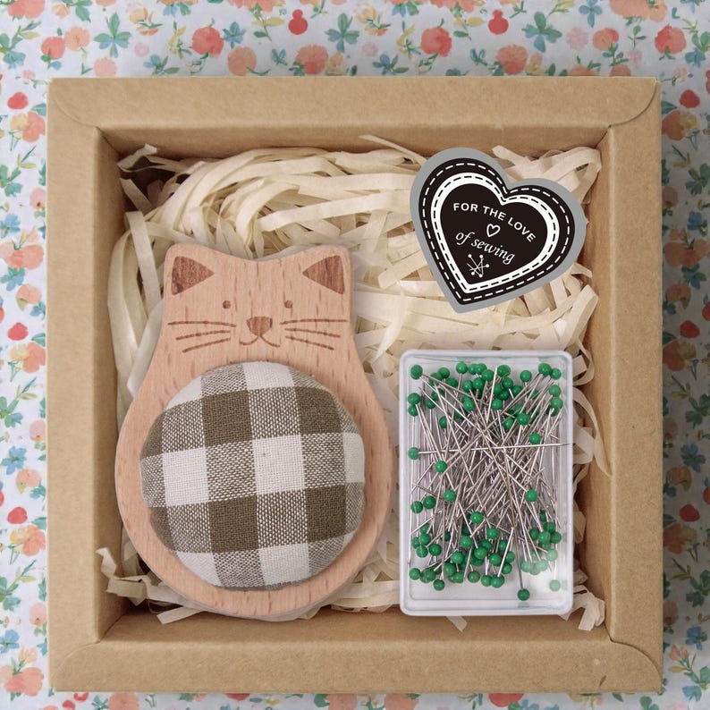 Wooden Animal Pincushion with Glass Head Pins, Cat, Rabbit, Bear, Fox or Owl in Plaid or Stripe, Pin Cushion Gift Box for Quilters Plaid Cat