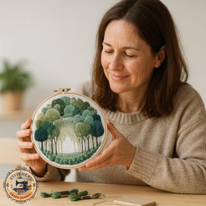 May include: A round embroidery hoop featuring a detailed forest scene with various shades of green trees and foliage. The artwork is held by a person. The embroidery is set against a white background, creating a three-dimensional effect. The hoop is made of wood.