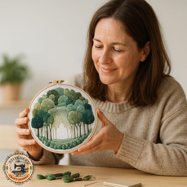 May include: A round embroidery hoop featuring a detailed forest scene with various shades of green trees and foliage. The artwork is held by a person. The embroidery is set against a white background, creating a three-dimensional effect. The hoop is made of wood.