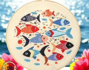 Fish Embroidery Kit for Beginners, Aquatic Hoop Art, Ocean Fish Needlework DIY Craft, Home Decor Craft Gift for Adults