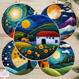 Needle Felting Painting Kit, Wool Felting, Needlepoint Kit DIY Craft Kit Modern Scenery Pattern Felting Painting Wool Roving