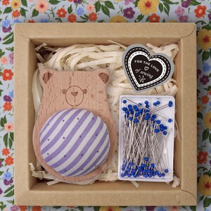 Wooden Animal Pincushion with Glass Head Pins, Cat, Rabbit, Bear, Fox or Owl in Plaid or Stripe, Pin Cushion Gift Box for Quilters Stripe Bear