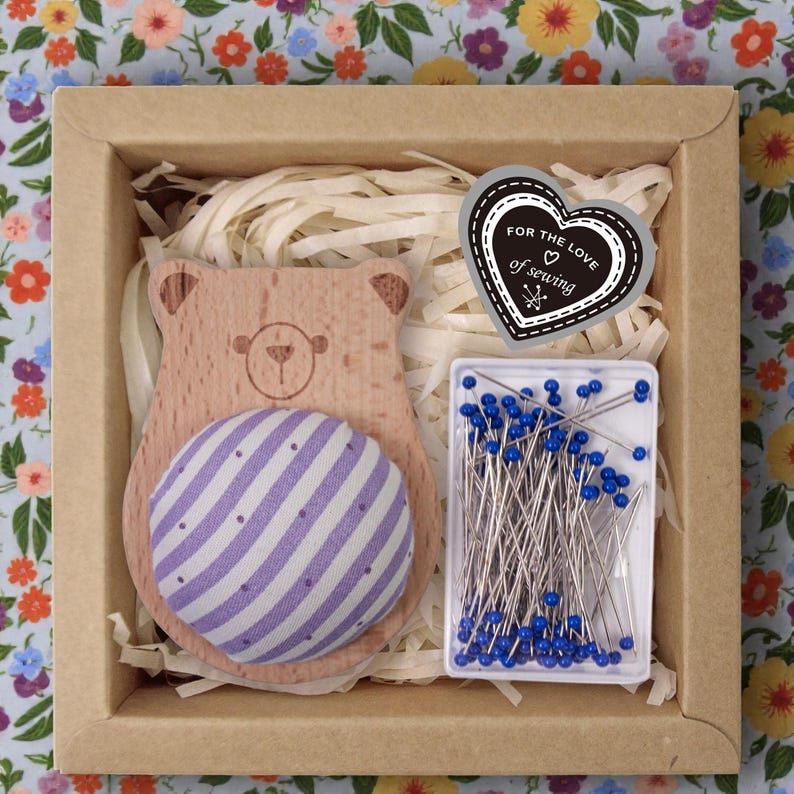 Wooden Animal Pincushion with Glass Head Pins, Cat, Rabbit, Bear, Fox or Owl in Plaid or Stripe, Pin Cushion Gift Box for Quilters Stripe Bear