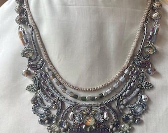 NWOT Ayala Bar Blue Grey Silver Color Crystals Beaded Fabric Metal Discs Necklace.