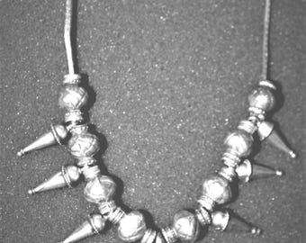 Vintage Ethnic Indian Silver Pendant Necklace 15" 1.5" Pendant with Tiny Coral