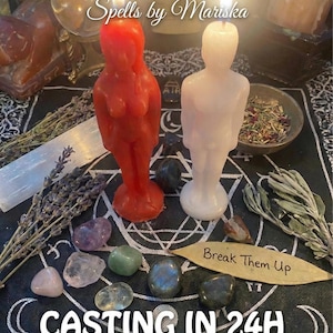 May include: Two human-shaped candles, one red and one white, are lit and placed on a black cloth with a white geometric design. The text reads BREAK THEM UP SPELL, Spells by Mariska, Break Them Up, and CASTING IN 24H WITH PROOF. Stones and herbs surround them.