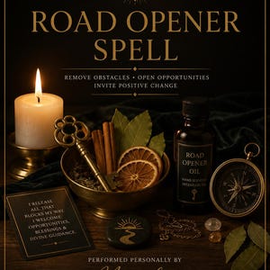 May include: A Road Opener Spell kit featuring a lit white candle, a brass bowl with a key, cinnamon sticks, and dried orange slices. Includes a bottle of Road Opener Oil, a compass, a small stone with a sun graphic, and a card with printed text.
