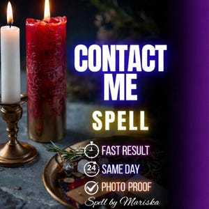 Puede incluir: Una vela blanca en un candelabro de latón y una vela roja texturizada junto a un plato de latón con hierbas y piedras pequeñas. El texto dice: CONTACT ME SPELL, FAST RESULT, 24 HOURS SAME DAY, PHOTO PROOF y Spell by Mariska.