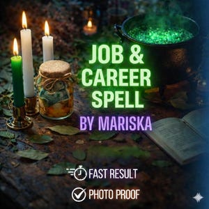 Peut inclure: Image promotionnelle d'un sort pour l'emploi et la carrière par Mariska. La scène comprend des bougies allumées, un chaudron avec un liquide vert bouillonnant, un bocal avec de l'argent et un livre ouvert. Le texte indique "Job & Career Spell" et "Fast Result, Photo Proof."