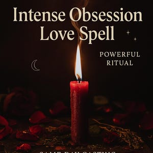 May include: A red candle with a lit flame and wisps of smoke, surrounded by scattered red rose petals. The text reads: PROOF OF RITUAL, Intense Obsession Love Spell, POWERFUL RITUAL, SAME DAY CASTING LESS THAN 24H, and Spells by Mariska, with a crescent moon.