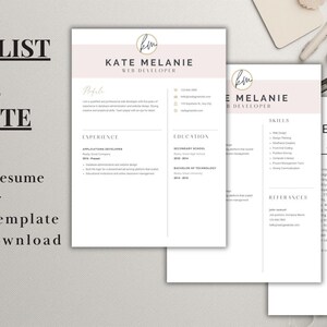 May include: A minimalist resume template with a light pink header. The resume includes sections for experience, education, and skills. The text "MINIMALIST RESUME TEMPLATE" is at the top, with options for 1 & 2 page resumes, cover letters, editable templates, and instant downloads.