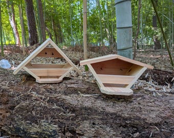 Könnte beinhalten: Zwei Vogelhäuser aus Holz mit abgewinkelten Dächern und offenen Fronten. Die Vogelhäuser sind aus hellfarbenem Holz gefertigt und stehen auf einer natürlichen, strukturierten Oberfläche. Der Hintergrund zeigt einen üppigen grünen Wald mit Bambusbäumen.