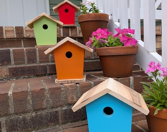 Peut inclure: Plusieurs nichoirs en bois colorés, bleus, oranges, verts et rouges, chacun avec un toit en bois naturel. Les nichoirs sont exposés sur des marches en briques près de fleurs en pot.