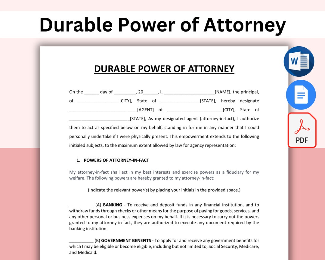 Durable Power of Attorney Template. Editable Power of Attorney Form ...