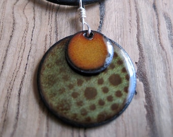 Orange, Brown and Green pendant, Brown, green and orange necklace, earth tone jewelry, enamel necklace, enamel pendant, enamel jewelry