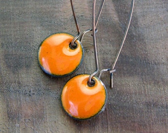 Orange Dangle Earrings, Orange Drop Earrings, Orange Earrings, Orange Copper Enamel Jewelry, Nickel Free Kidney Ear wires, Pumpkin Orange