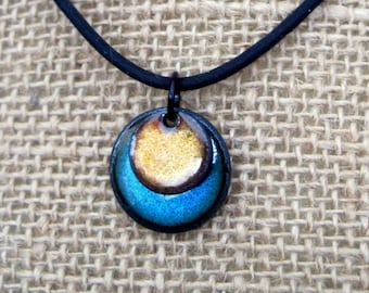 Orange and Blue Copper Enamel handmade necklace, Blue and orange pendant, orange and blue jewelry