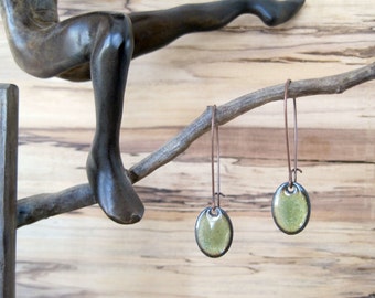 Olive Green Oval Dangle Earrings, Oval Drop Earrings, Copper Enamel, Mossy Green, Green Chandelier Earrings