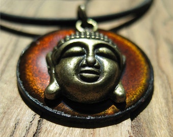 Buddha Jewelry, Buddha Necklace, Buddha Pendant, Copper Enamel Necklace, Chestnut Brown, Yoga, Meditation Jewelry, OM, Brown jewelry