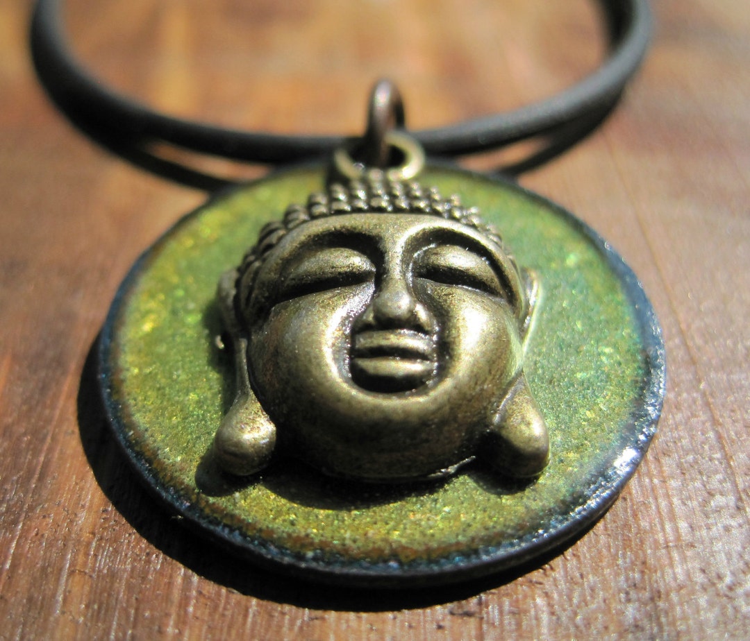 Buddha Necklace, Copper Enamel Olive Green, Buddha Pendant, Buddha