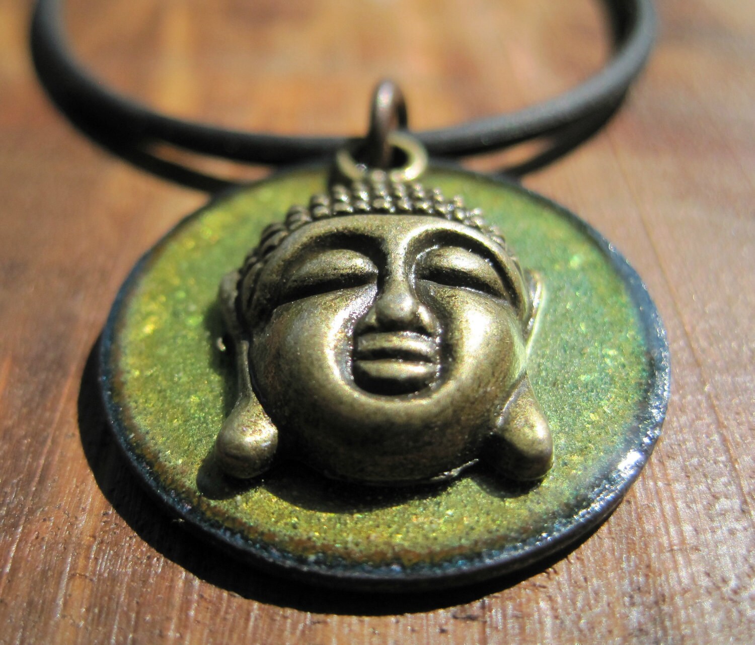 Buddha Necklace, Copper Enamel Olive Green, Buddha Pendant, Buddha