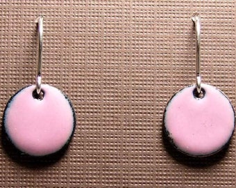 Pink Copper Enamel Jewelry, Short Dangle Earrings, Sterling Silver French Hook Earwires, Pink Flambe, Clover Pink, Handmade Earrings