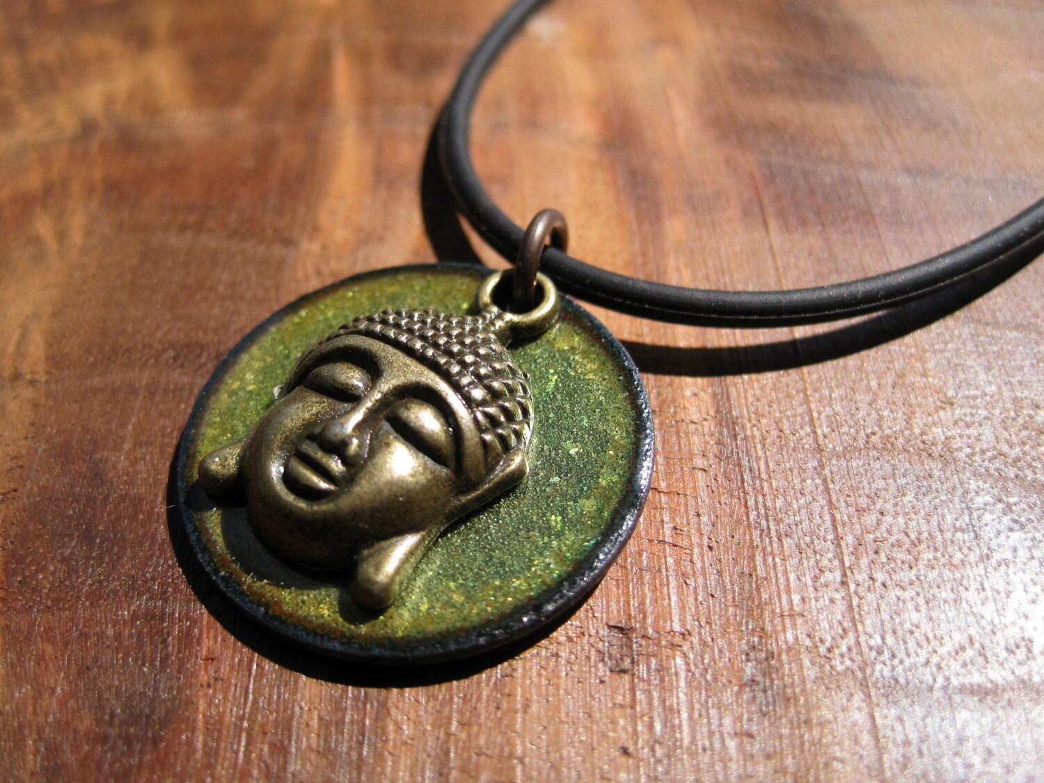 Buddha Necklace, Copper Enamel Olive Green, Buddha Pendant, Buddha