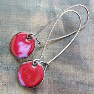 Red Dangle Earrings, Copper Enamel Jewelry, Nickel Free Kidney Earwires, Perfect red, Holiday RedHandmade Earrings