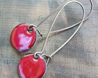 Red Dangle Earrings, Copper Enamel Jewelry, Nickel Free Kidney Earwires, Perfect red, Holiday RedHandmade Earrings