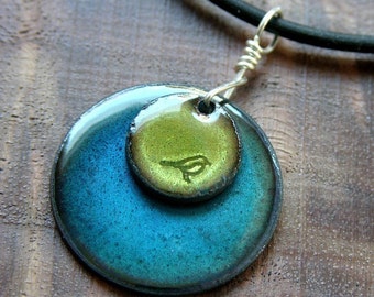 Bird Jewelry, Breen and Blue bird motif pendant, Bird motif necklace, Olive Green, Water Blue Pendant, Copper Enamel Necklace