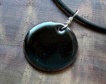 Black pendant, black circle pendant, black enamel jewelry, black enamel pendant, black enamel necklace