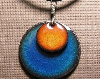 Orange and Blue Copper Enamel handmade necklace