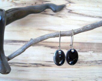 Black dangle and drop earrings, Black earrings, Black enamel earrings,  Oval earrings, Black oval earrings, Nickel free ear wires