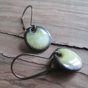 Green Dangle Earrings, Green Copper Enamel Jewelry, Nickel Free Kidney Ear wires, Olive Green, Handmade Earrings, green enamel earrings image 4