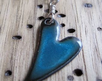 Blue Heart Necklace, Enamel Heart Jewelry, Blue Heart Pendant, Copper Enamel Jewelry
