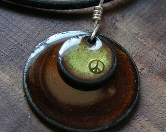 Enamel Peace Necklace, Olive Green, Chestnut Brown Pendant, Enamel Personalized Necklace, Hand Stamped Stacked Circle Jewelry