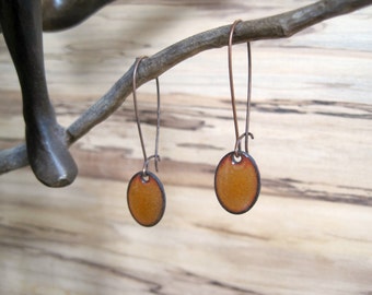 Orange Drop Earrings, Oval Dangle Earrings, Copper Enamel, Mikado Orange Oval Drop, Persimmon Oval Chandelier Earrings