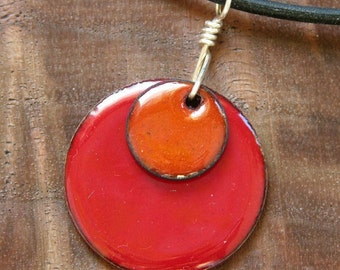 Persimmon Orange and Apple Red Copper Enamel necklace Handmade disc pendant
