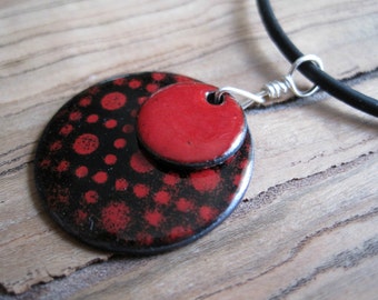 Red and Black Copper Enamel Necklace Pendant