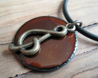 Clef note pendant, Music necklace, Chestnut Brown Enamel Copper Necklace, Handmade Pendant, Music pendant, Music Jewelry