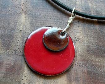 Red and Brown pendant, Brown and Red necklace, Enamel Necklace, Chestnut Brown and Flame Red Necklace, Copper Enamel Jewelry