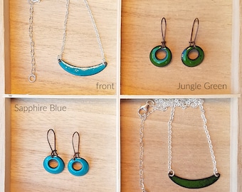 Sweet Spot Reversible copper enamel necklace, Sapphire Blue and Jungle Green, Sterling Silver Chain and Lobster Clasp 16in & 18 in